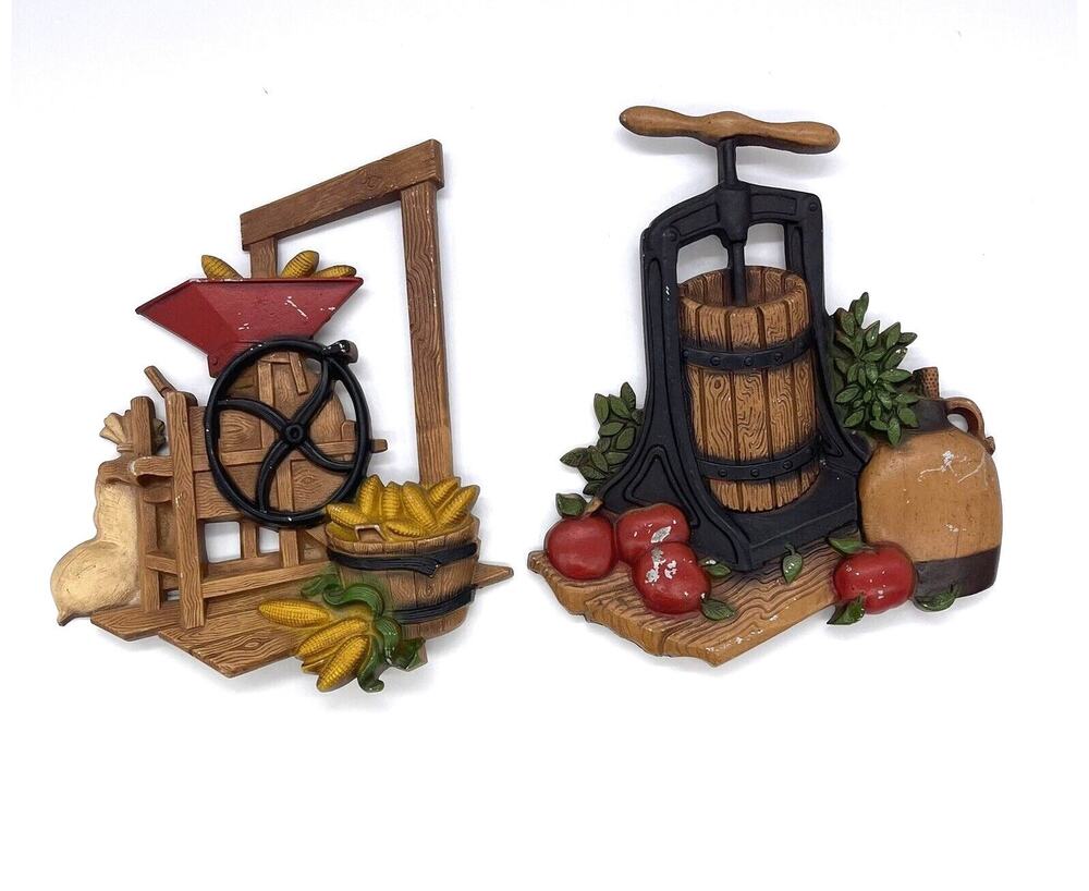 Vintage 1978 Homco Corn Hopper & Apple Cider Pair Press Metal Wall Decor 1270BX